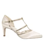 Bequeme Brautschuhe Lindy von Rainbow Club in Ivory aus Satin mit goldenen Riemchen